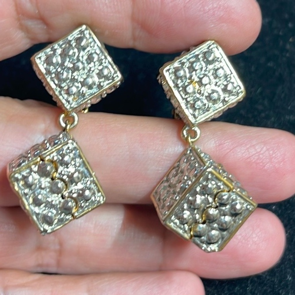 Silver Tone Dangle Cube With Gold Tone Trim Clip On Earrings. P20
